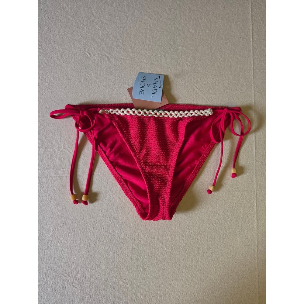 Shade & Shore Pucker Side-Tie Bikini Bottom Red Large NWT